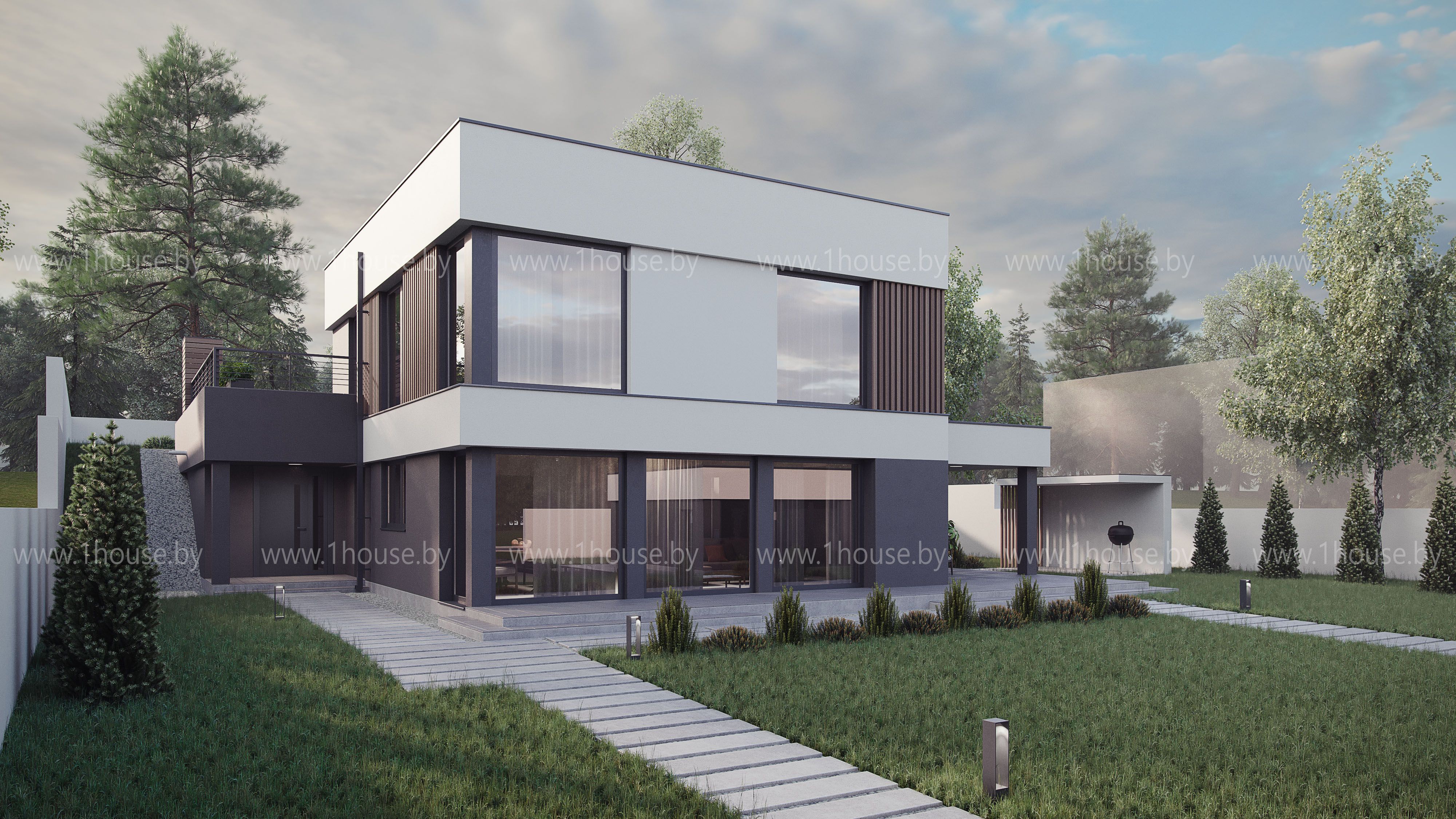 Двухэтажный дом с плоской кровлей для пары в д. Мочаны по проекту One House