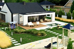 Компактный одноэтажный дом с двускатной крышей и 3 спальнями