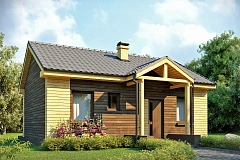 Маленький одноэтажный дом с двускатной кровлей, недорогой в строительстве и эксплуатации.