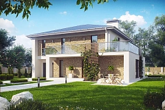 Просторный и комфортный двухэтажный дом с большими окнами.