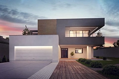 Современный двухэтажный дом с большой площадью остекления.