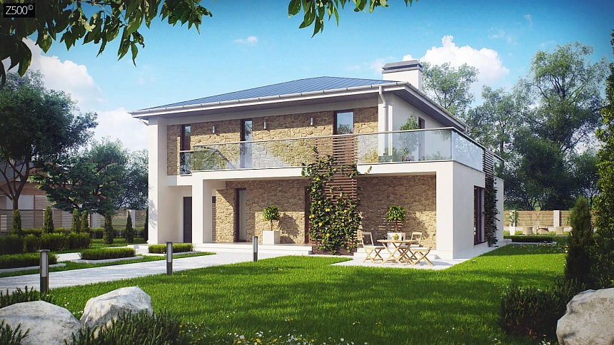 Просторный и комфортный двухэтажный дом с большими окнами.