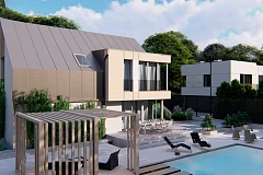 Cовременный проект дома с двускатной крышей и просторными большими мансардными окнами