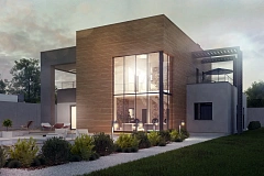 Современный двухэтажный дом с большой площадью остекления.