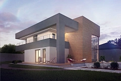 Современный двухэтажный дом с большой площадью остекления.