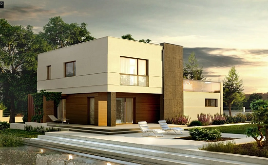 Комфортный современный дом с гаражом для двух авто и обширной террасой на втором этаже.