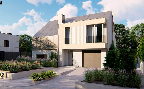 Cовременный проект дома с двускатной крышей и просторными большими мансардными окнами