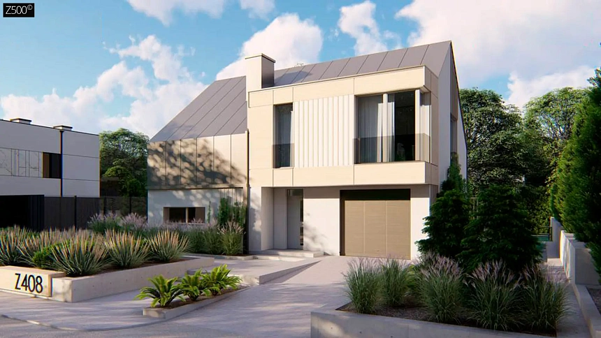 Cовременный проект дома с двускатной крышей и просторными большими мансардными окнами