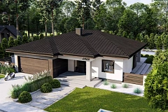 Современный одноэтажный дом с многоскатной крышей и гаражом на две машины.