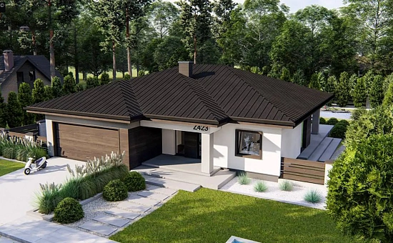 Современный одноэтажный дом с многоскатной крышей и гаражом на две машины.