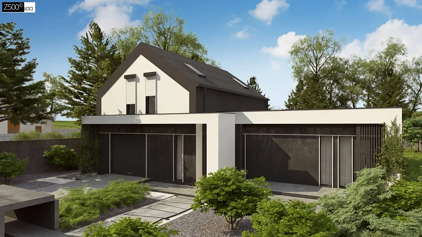 Проект дома с мансардой в европейском стиле с гаражом на одно авто.