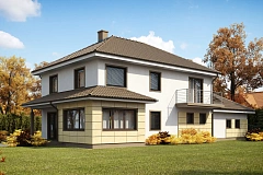 Просторный и функциональный двухэтажный дом с многоскатной кровлей и гаражом.