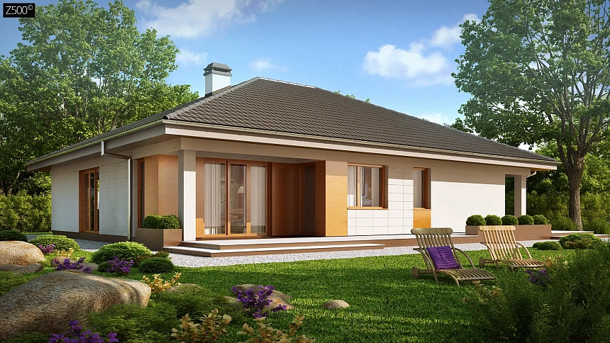 Практичный одноэтажный дом с гаражом для двух автомобилей и большим хозяйственным помещением.