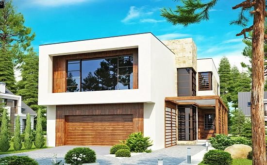 Двухэтажный дома в стиле модерн с практичным интерьером и гаражом для двух автомобилей.