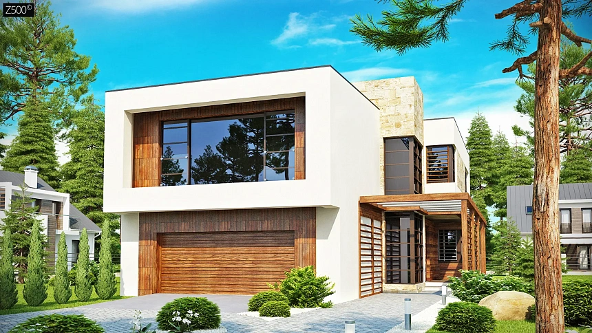 Двухэтажный дома в стиле модерн с практичным интерьером и гаражом для двух автомобилей.