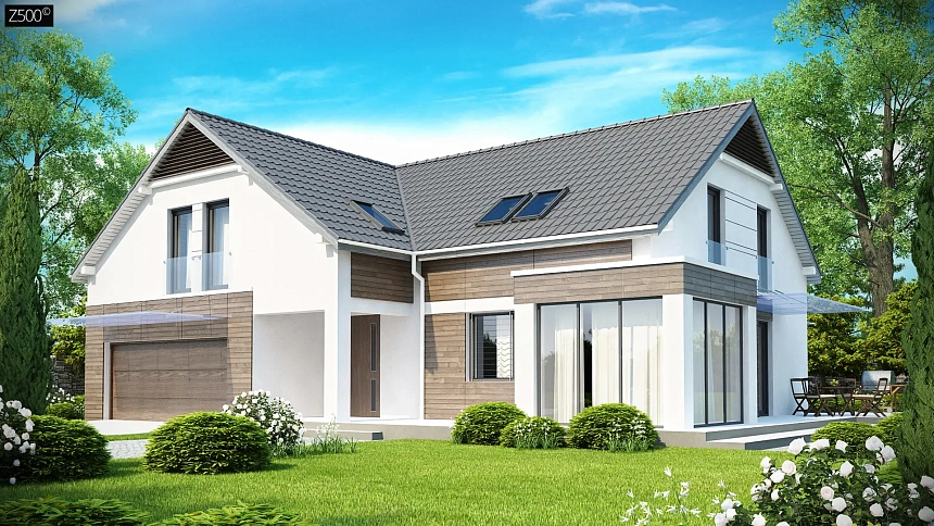 Просторный и комфортный дом с гаражом для двух автомобилей и угловым эркером.