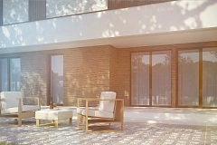 Современный проект домов-близнецов с большим гаражом и террасой на втором этаже.