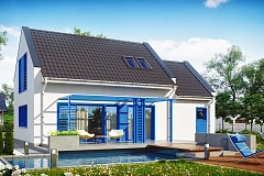 Компактный дом с гаражом для одной машины, с большими окнами в гостиной.