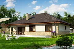 Вариант одноэтажного дома с 4-х скатной кровлей и уютной террасой, с измененной планировкой