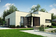 Одноэтажный дом с панорамными окнами и плоской кровлей