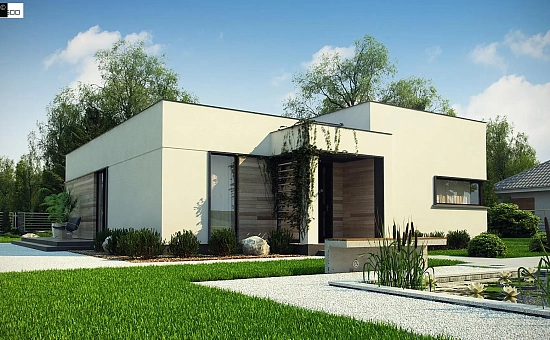 Одноэтажный дом с панорамными окнами и плоской кровлей