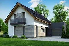 Проект мансардного коттеджа с функциональной планировкой помещений и гаражом для одной машины.