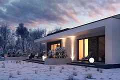 Проект современного одноэтажного дома с интересной планировкой и гаражом для одной машины.