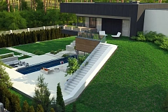 Проект современного двухэтажного дома. Проект подойдет для строительства на участке со склоном.