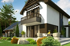 Проект двухэтажного дома в современном стиле, подойдет для строительства на узком участке.