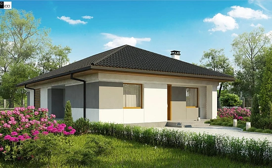 Одноэтажный коттедж с четырехскатной кровлей