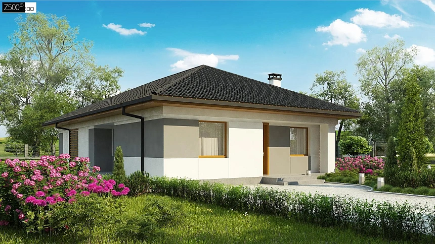 Одноэтажный коттедж с четырехскатной кровлей