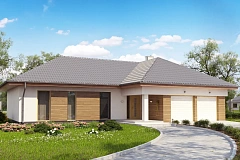 Проект комфортного одноэтажного дома с фронтальным гаражом для двух машин.