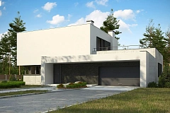 Современный двухэтажный дом с просторной террасой и гаражом на две машины.