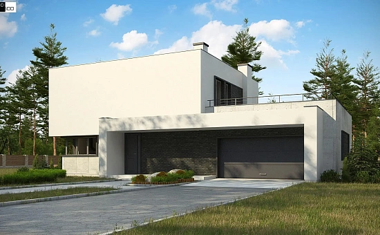 Современный двухэтажный дом с просторной террасой и гаражом на две машины.