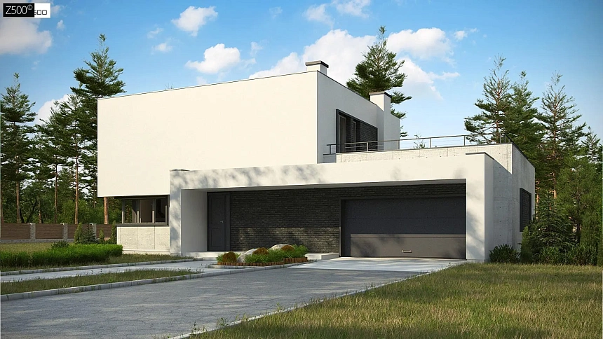 Современный двухэтажный дом с просторной террасой и гаражом на две машины.