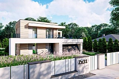 Современный двухэтажный дом с плоской крышей и гаражом на 2 машины.