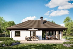 Компактный и удобный одноэтажный дом с многоскатной крышей.