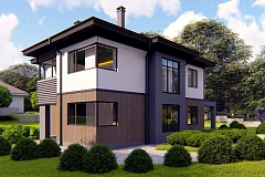 Проект двухэтажного просторного дома с панорамными окнами и камином.