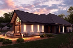 Одноэтажный дом в современном стиле, с многоскатной крышей и гаражом на два автомобиля. Увеличенная версия проекта Z402