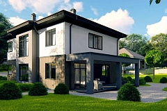 Проект двухэтажного просторного дома с панорамными окнами и камином.