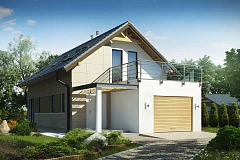 Дом простой формы с двускатной кровлей, с террасой над гаражом, также для узкого участка.