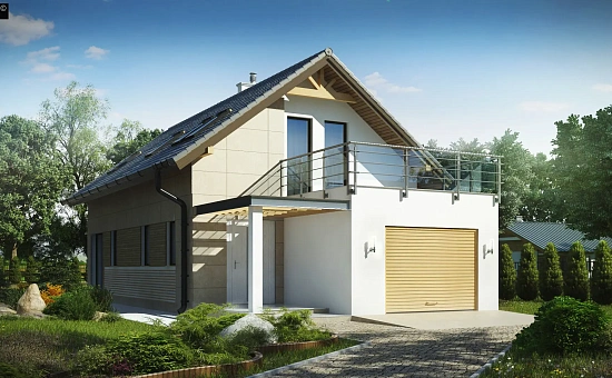 Дом простой формы с двускатной кровлей, с террасой над гаражом, также для узкого участка.