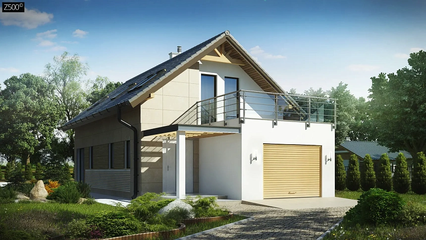 Дом простой формы с двускатной кровлей, с террасой над гаражом, также для узкого участка.