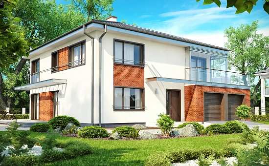 Комфортабельный двухэтажный дом простой формы со стеклянным эркером над гаражом.