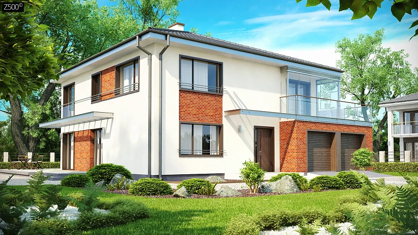 Комфортабельный двухэтажный дом простой формы со стеклянным эркером над гаражом.