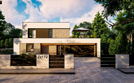 Cовременный двухэтажный дом с плоской крышей и гаражом на две машины.