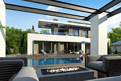 Стильный дом в современном стиле с просторной террасой на втором этаже.