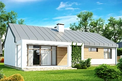 Функциональный одноэтажный дом в современном стиле с двускатной крышей.