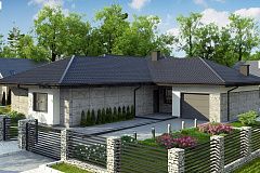 Одноэтажный дом с каменной облицовкой фасадов