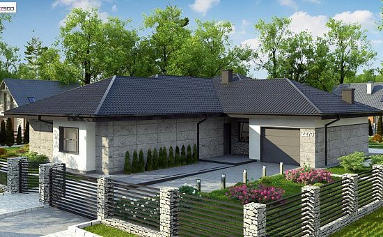 Одноэтажный дом с каменной облицовкой фасадов